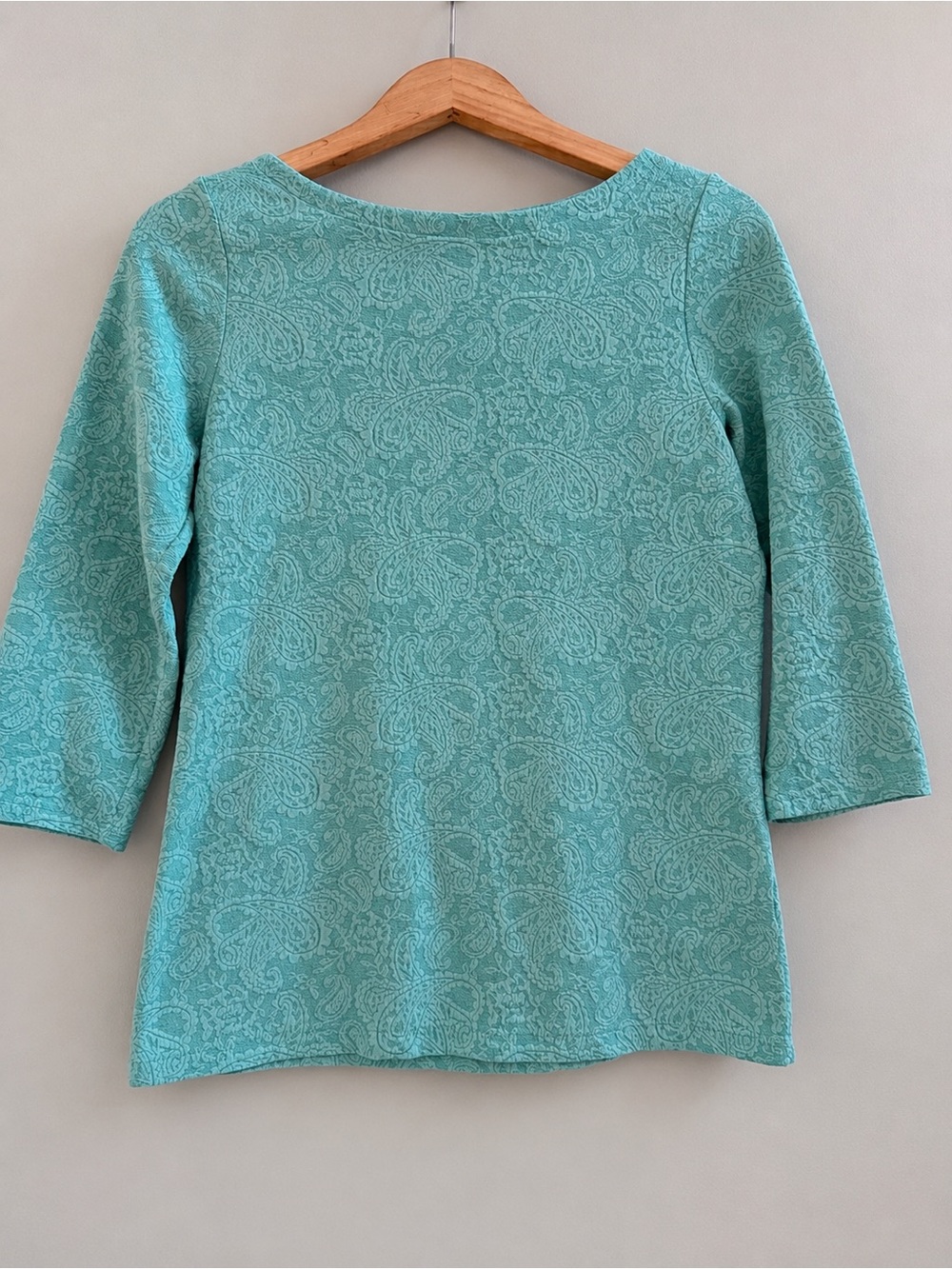 St. John’s Bay Petite PM Aqua Paisley Textured Knit Top 3/4 Sleeve Stretch